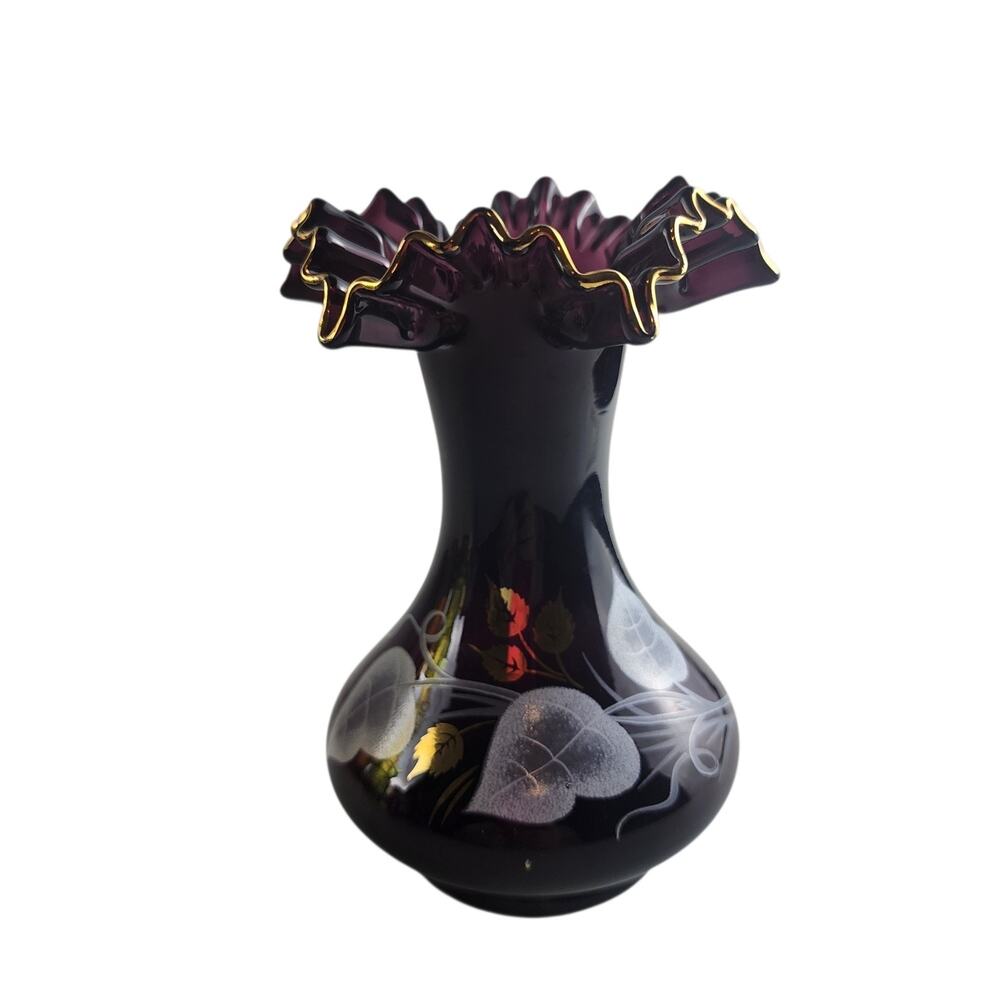 VTG Bohemian Crystale Hand-Painted Amethyst Glass Vase Gold Accents Ruffle Rim